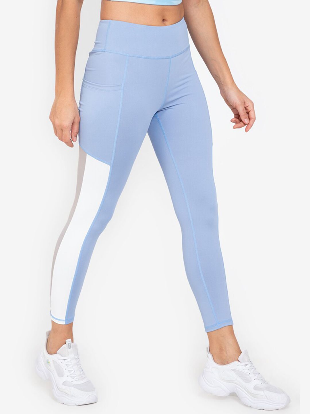 ZALORA ACTIVE Women Blue Colourblocked Side Striped Sports Tights Price in India