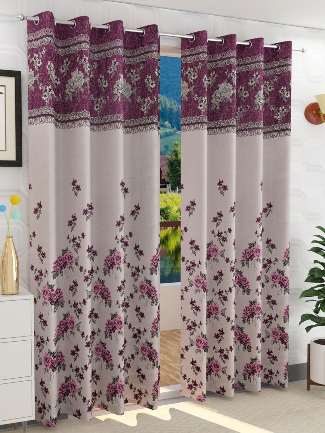 Fresh From Loom Pink Set of 2 Floral Room Darkening Window Curtain Price in India