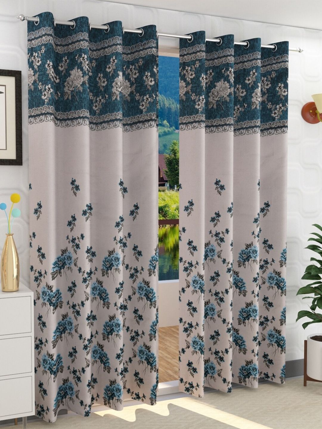 Fresh From Loom Turquoise Blue Set of 2 Floral Room Darkening Long Door Curtain Price in India