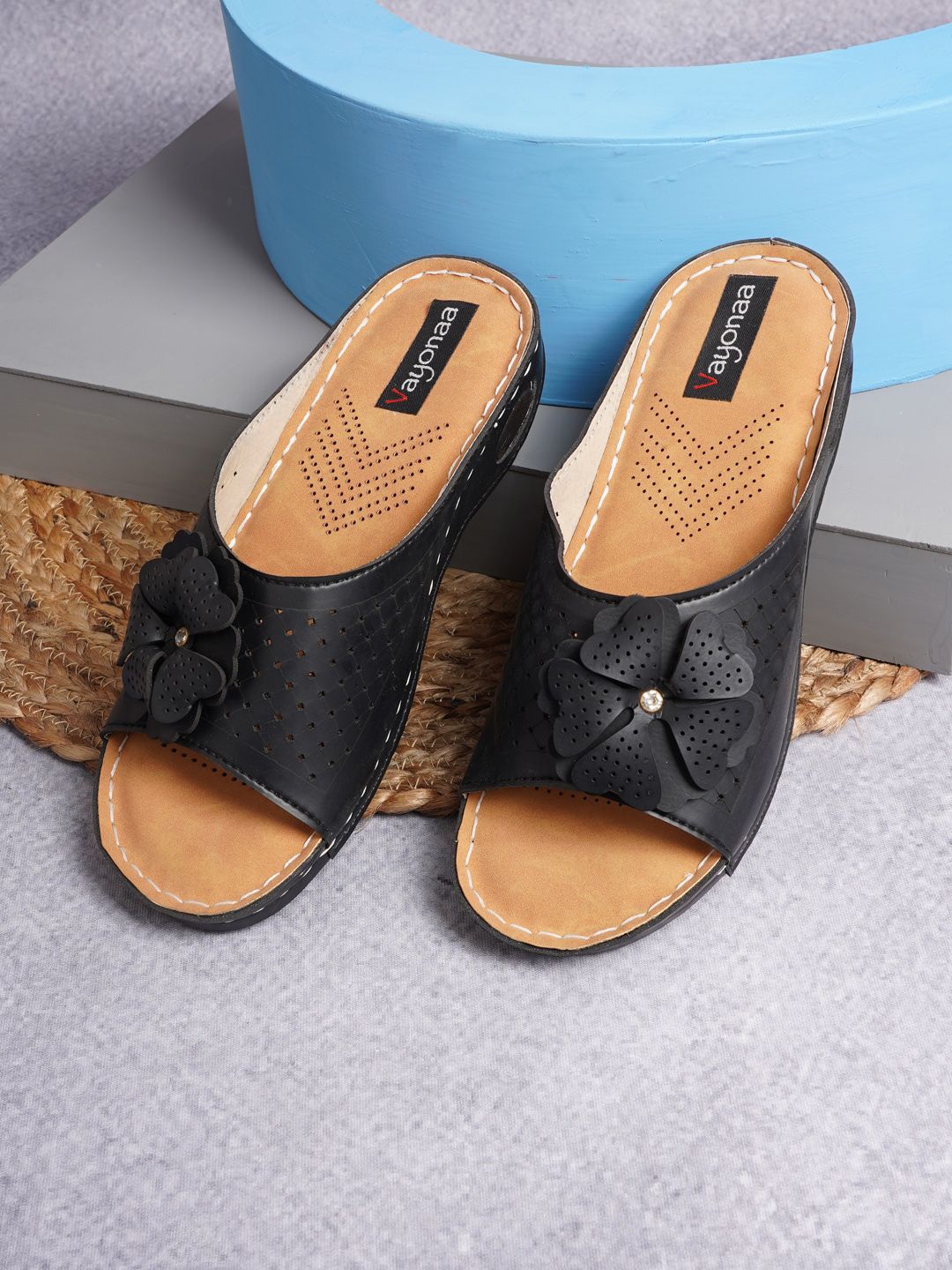 VAYONAA Black & Tan Textured PU Comfort Sandals Price in India