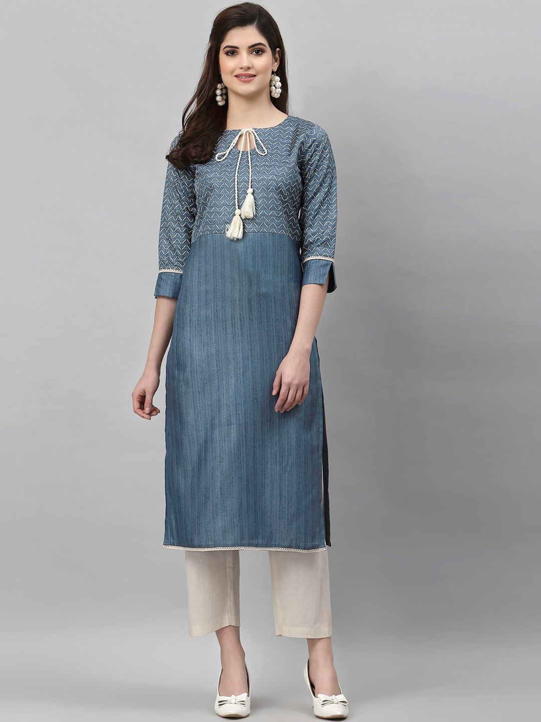 KALINI Women Grey Geometric Yoke Design Kurta Price in India