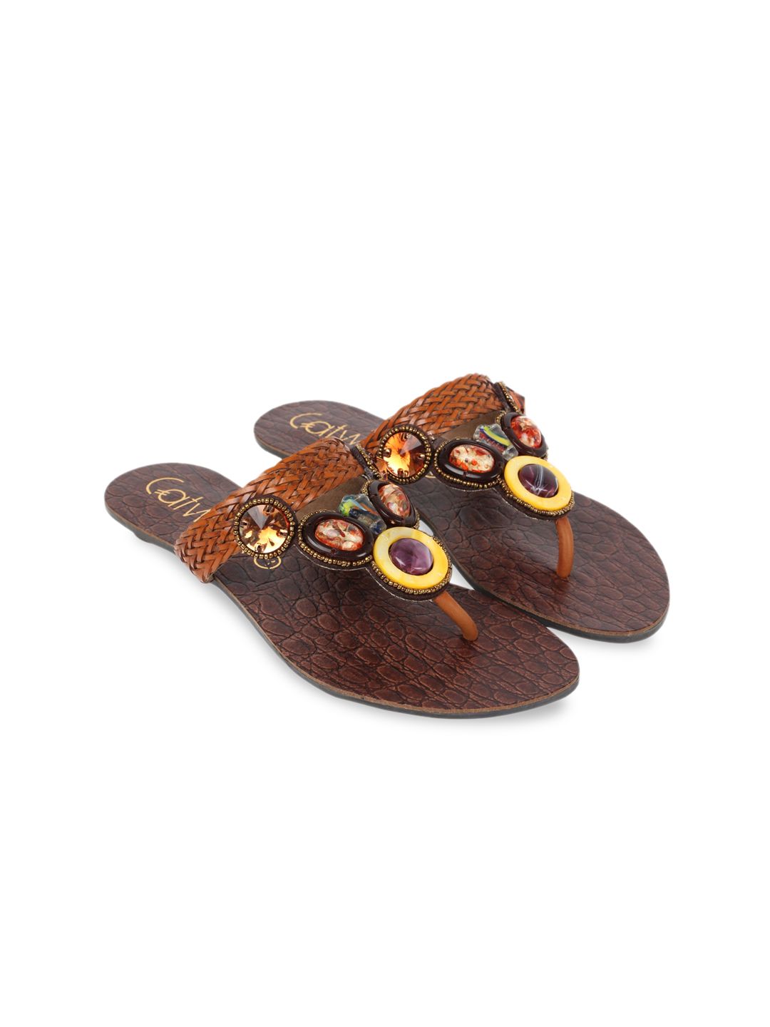 Catwalk Women Brown Embellished Leather Ethnic T-Strap Flats Price in India
