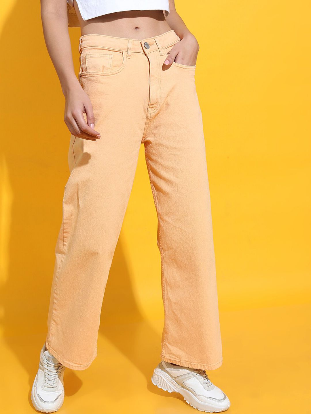 Tokyo Talkies Women Orange Solid Regular Fit Cotton Jeans Price in India
