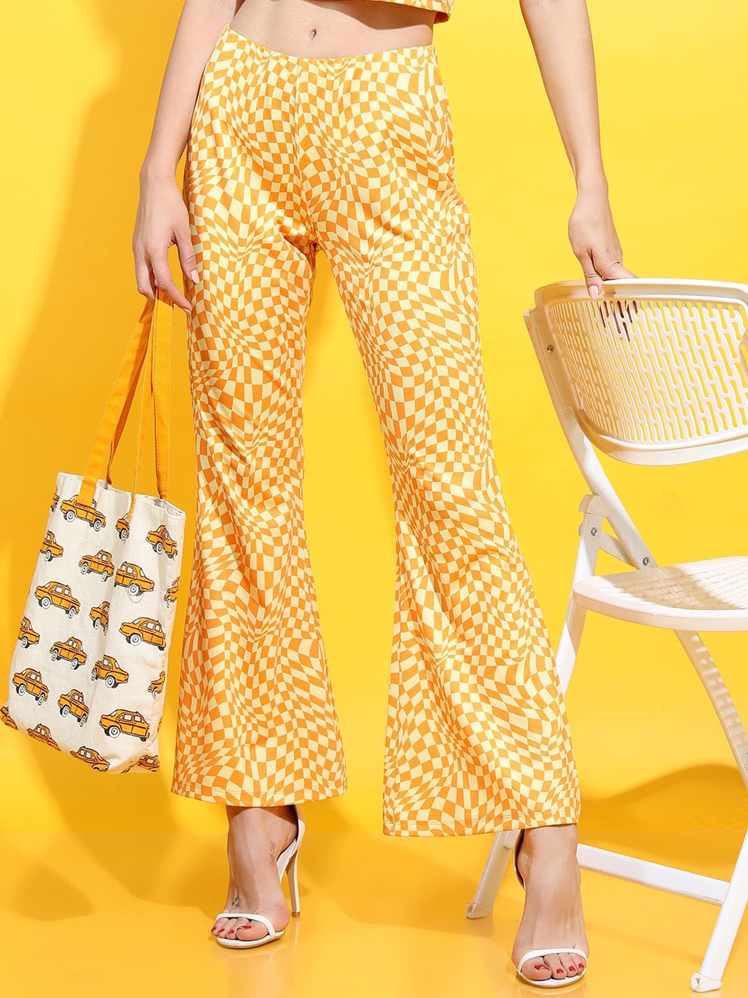 Tokyo Talkies Women Yellow & White Printed Bootcut Trousers Price in India