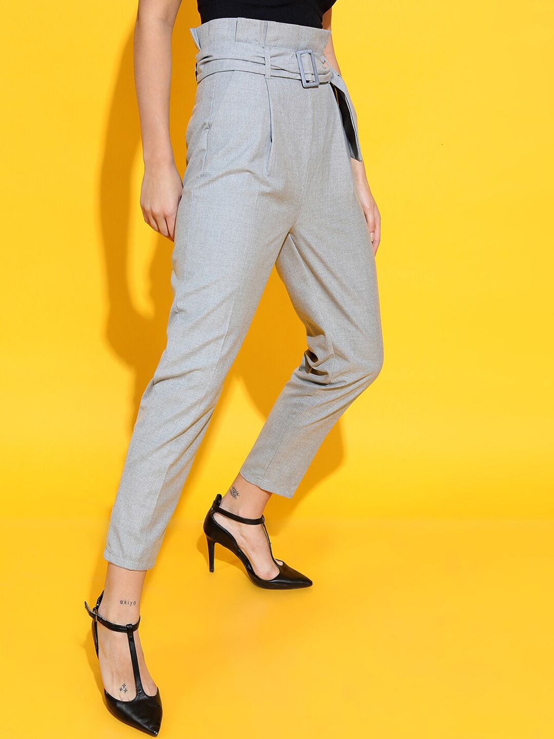 Tokyo Talkies Women Grey Textured Tapered Fit Trousers Price in India