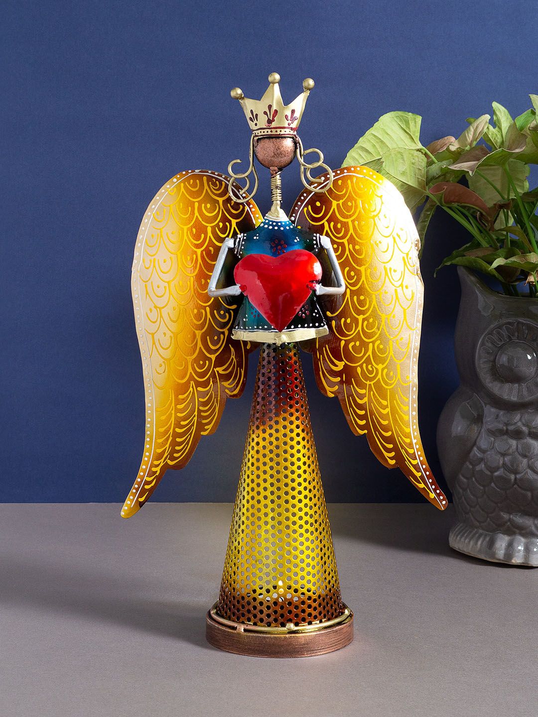 Golden Peacock Multi-Coloured Heart Wings Angel T-light Holder Showpiece Price in India