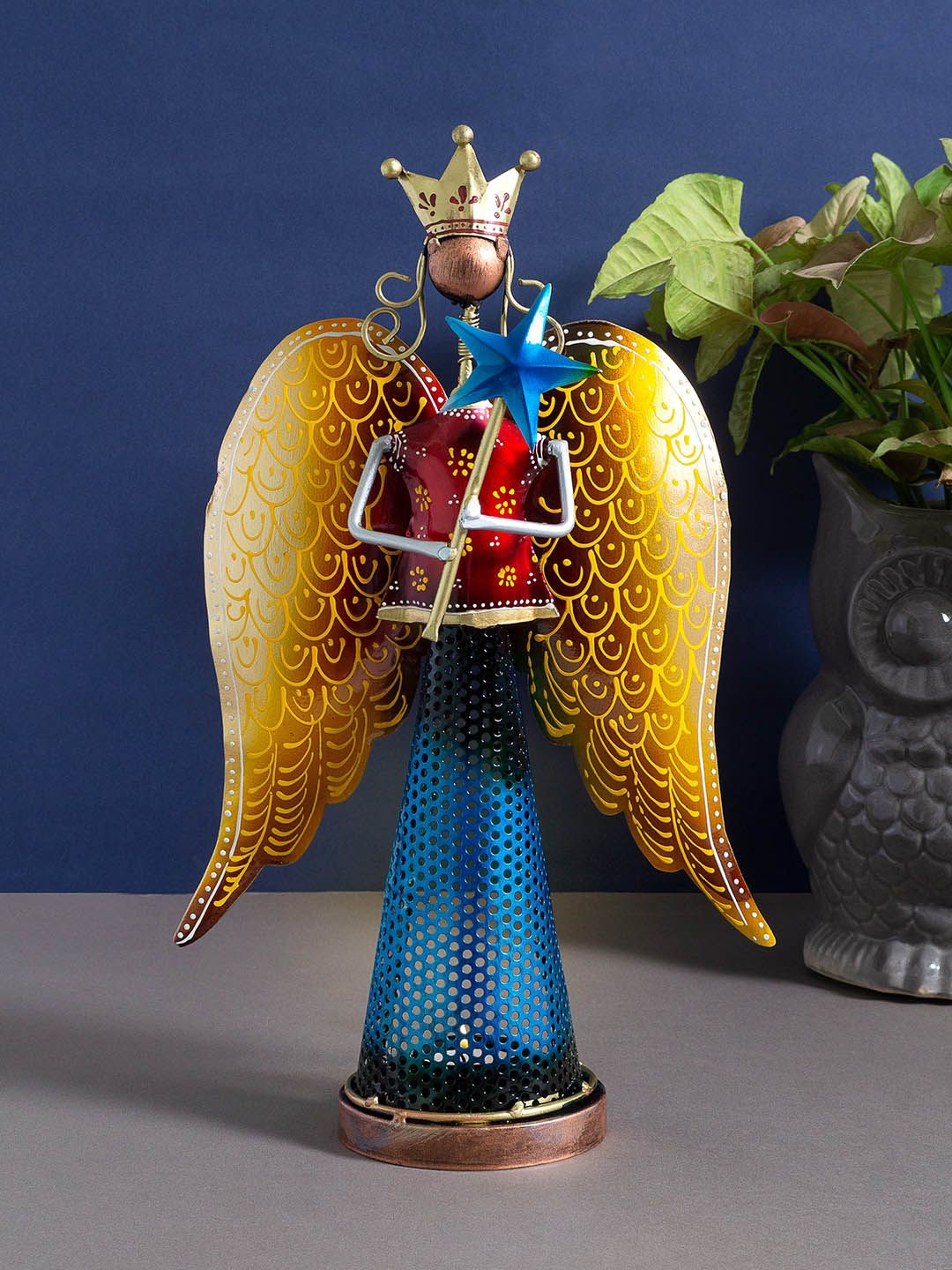 Golden Peacock Blue & Gold-Toned Fairy Angel Figurine T-light Holder Showpiece Price in India