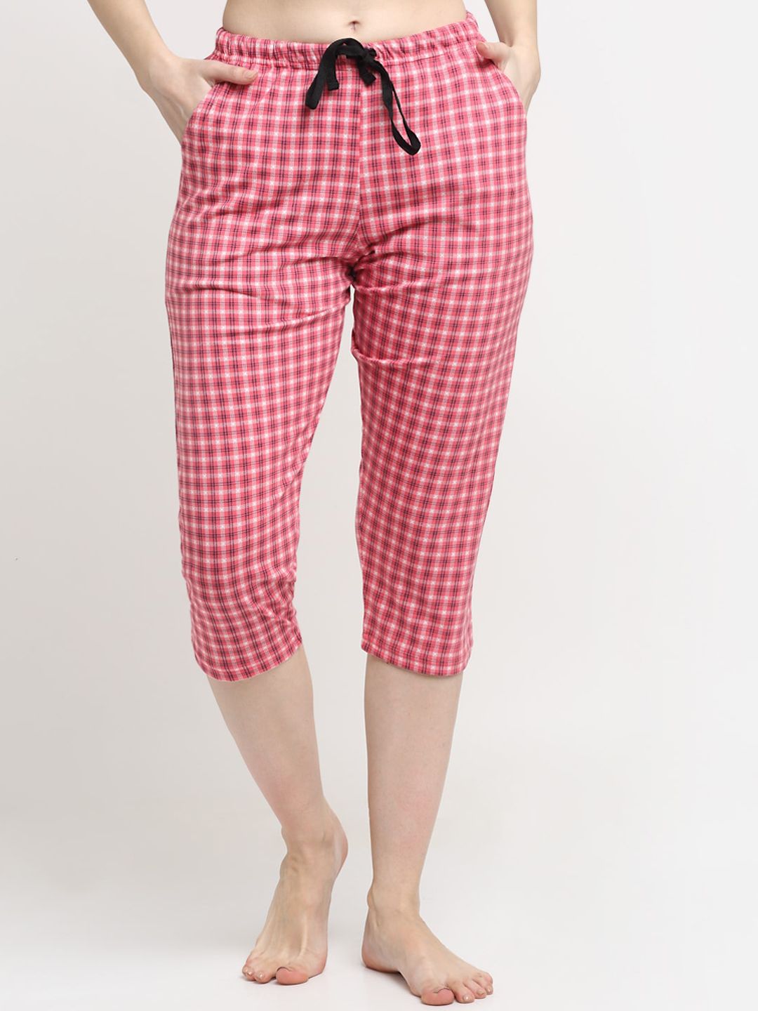 Kanvin Women Pink & White Checked Pure Cotton Lounge Pants Price in India