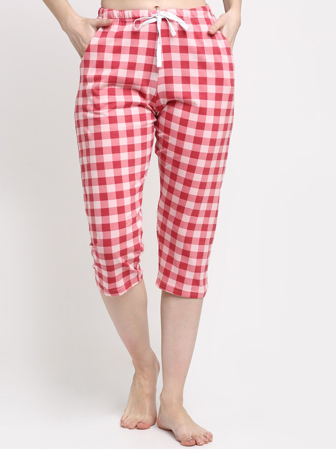 Kanvin Women Red & White Checked Pure Cotton Lounge Pants Price in India