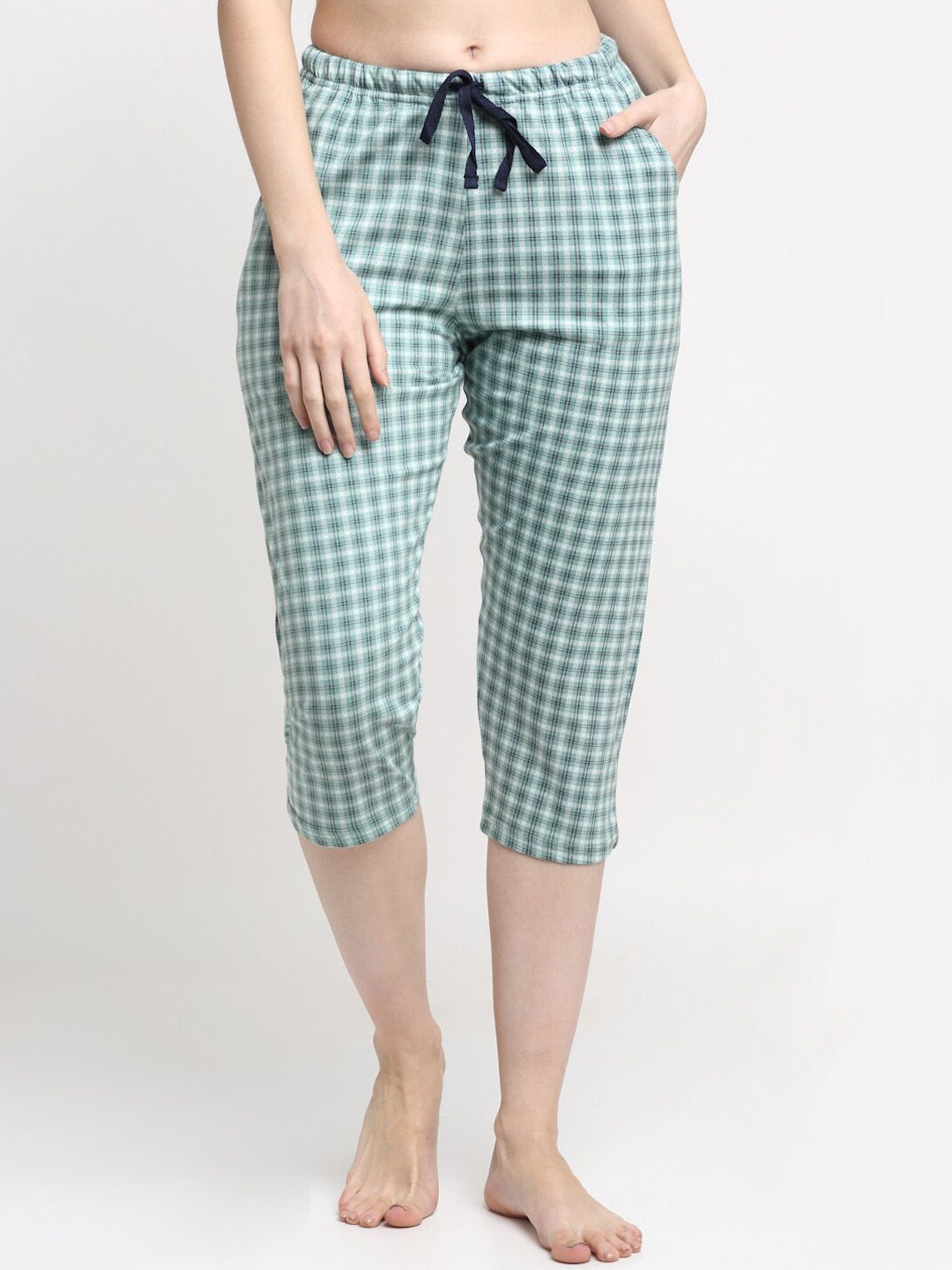 Kanvin Women Green & Black Checked Pure Cotton Lounge Pants Price in India