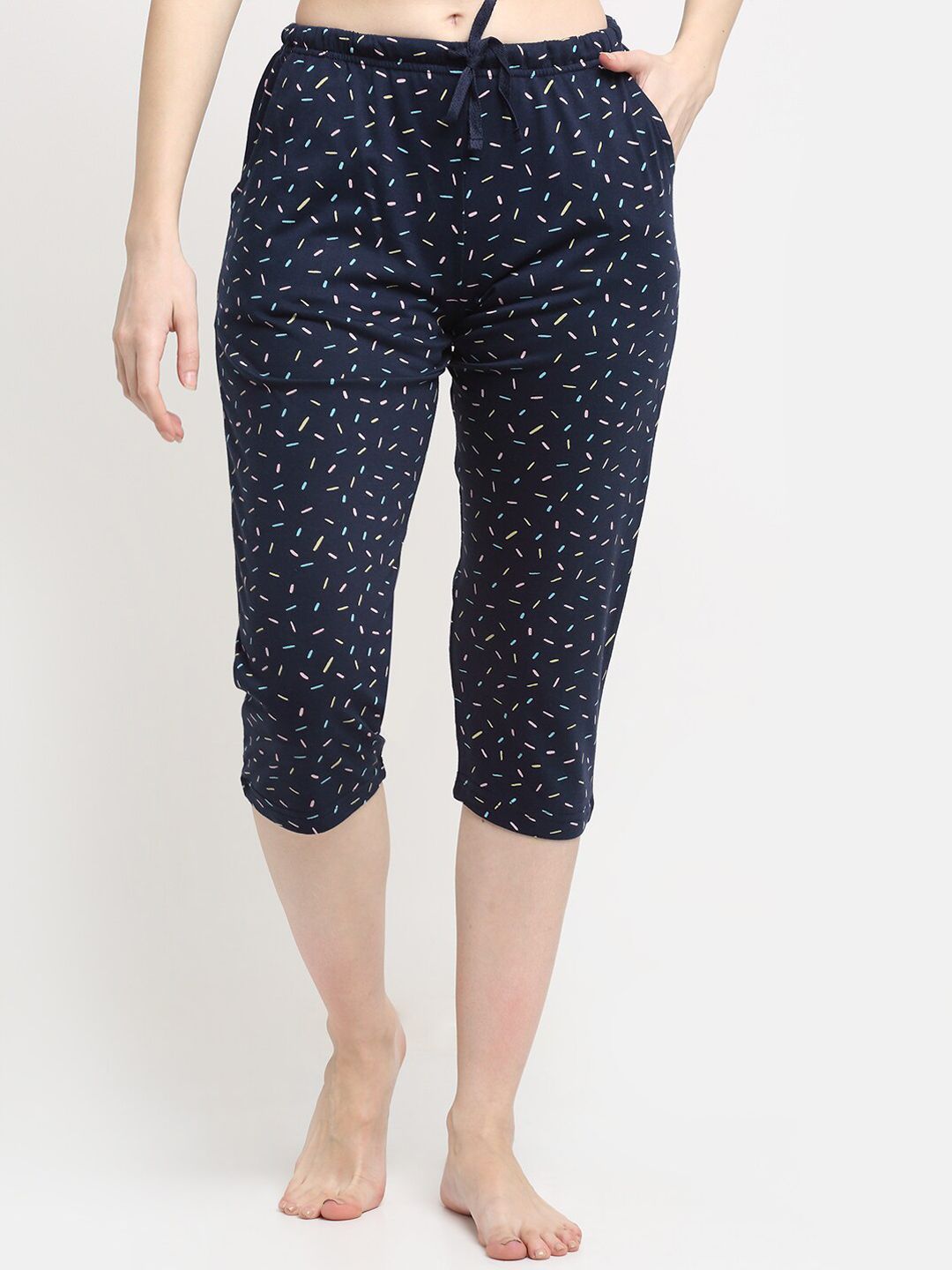 Kanvin Women Navy Blue & Pink Printed Pure Cotton Lounge Pants Price in India