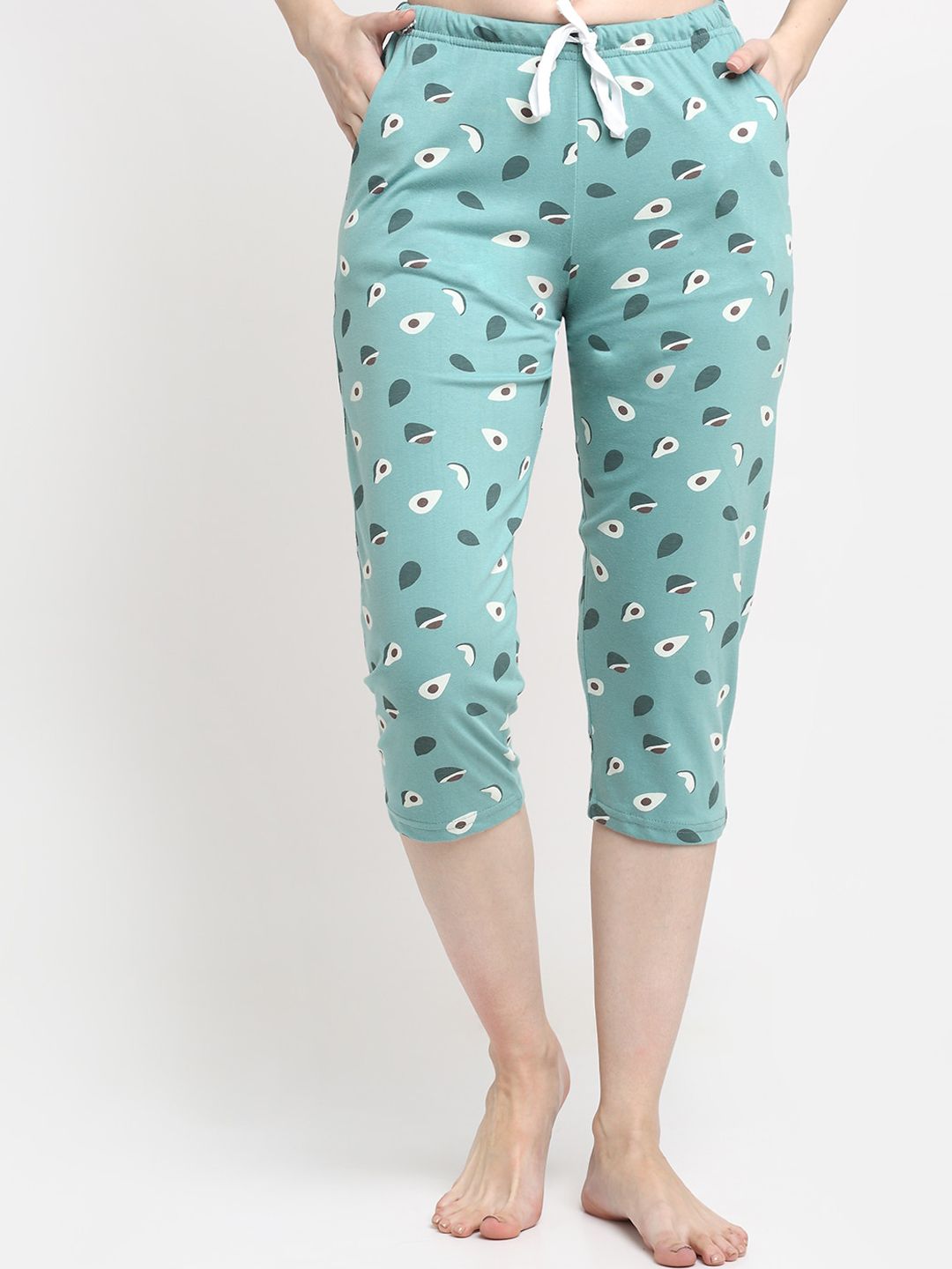 Kanvin Women Sea Green Printed Pure Cotton Lounge Capris Price in India