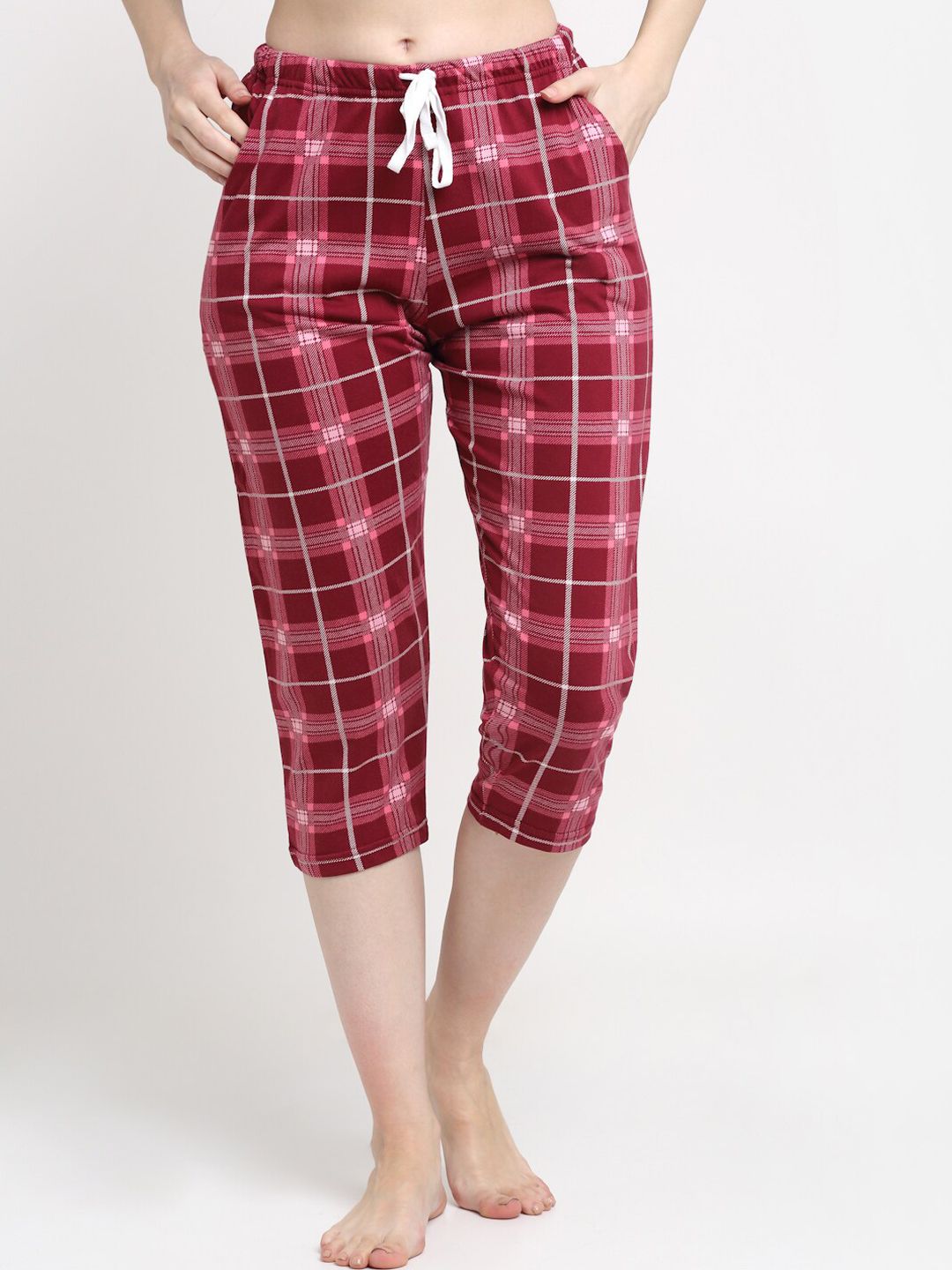 Kanvin Women Red Checked Pure Cotton Lounge Pants Price in India