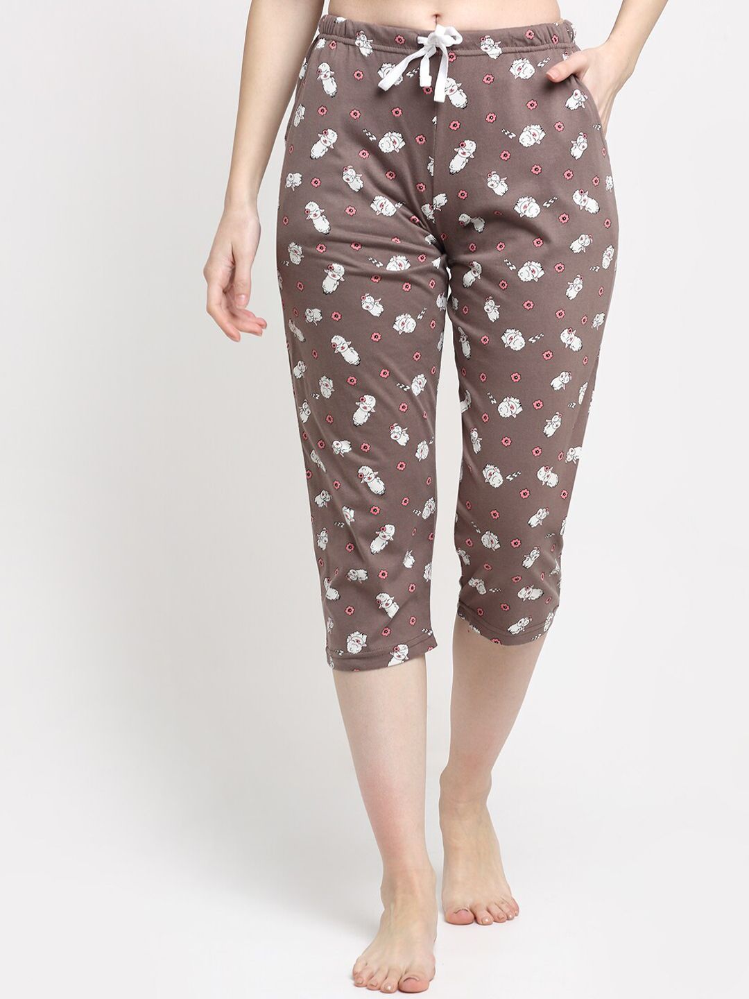 Kanvin Women Camel Brown Graphic Printed Pure Cotton Lounge Pants Price in India