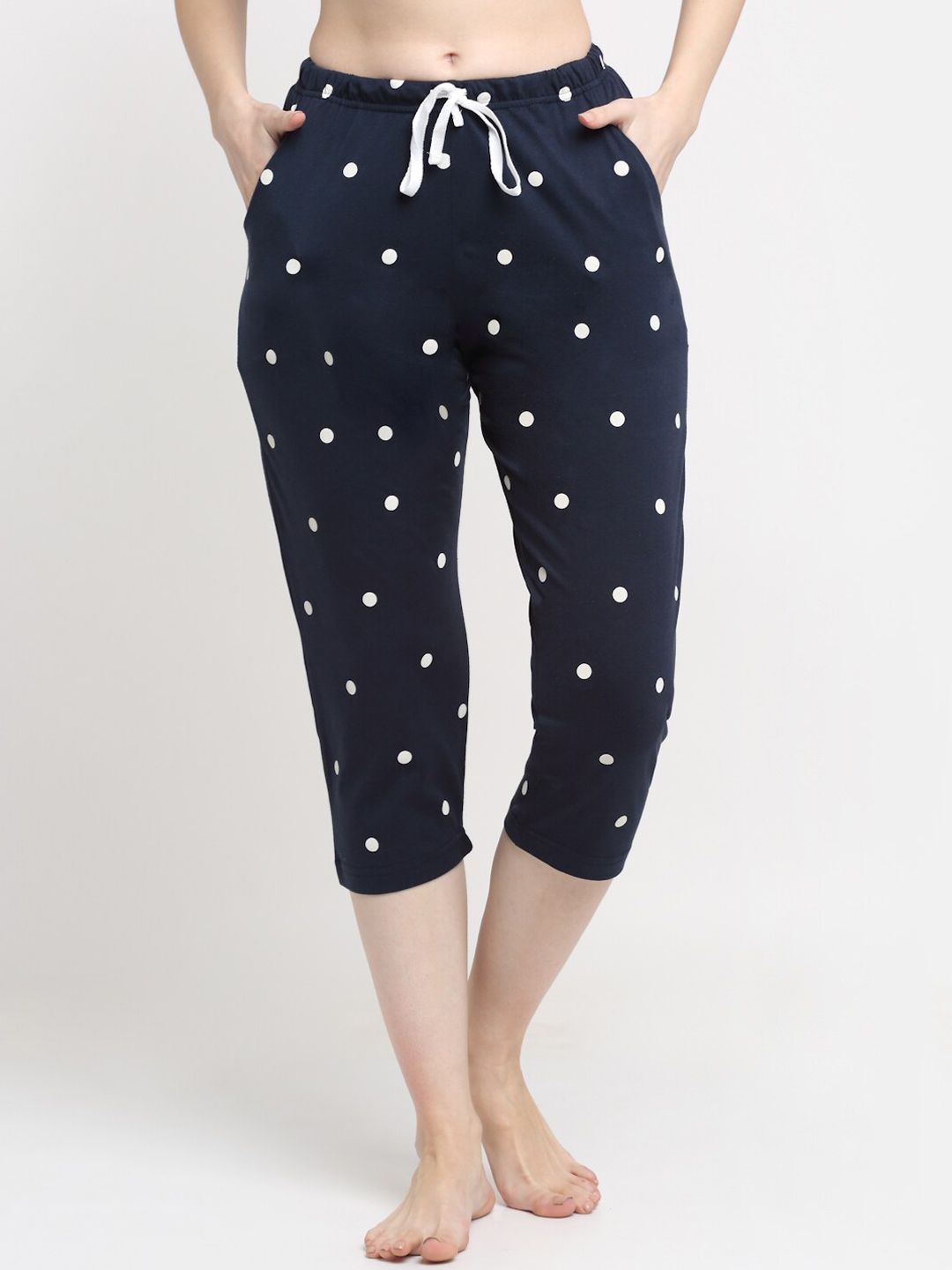 Kanvin Women Navy Blue & White Printed Pure Cotton Lounge Pants Price in India