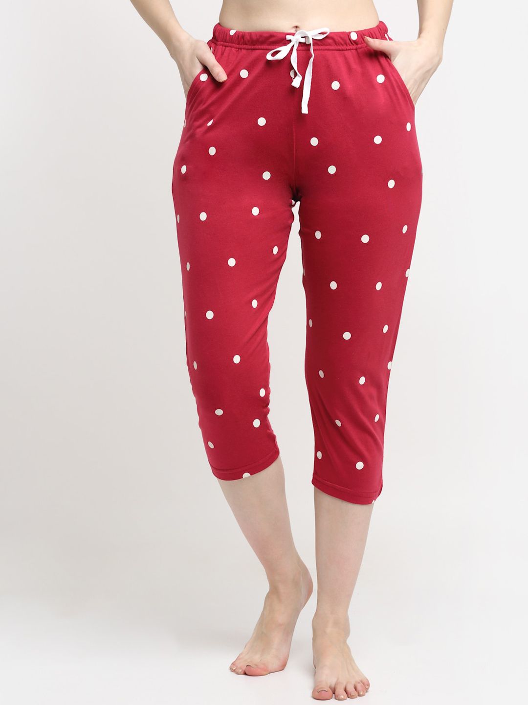 Kanvin Women Red Polka Dots Printed Pure Cotton Lounge Capris Price in India