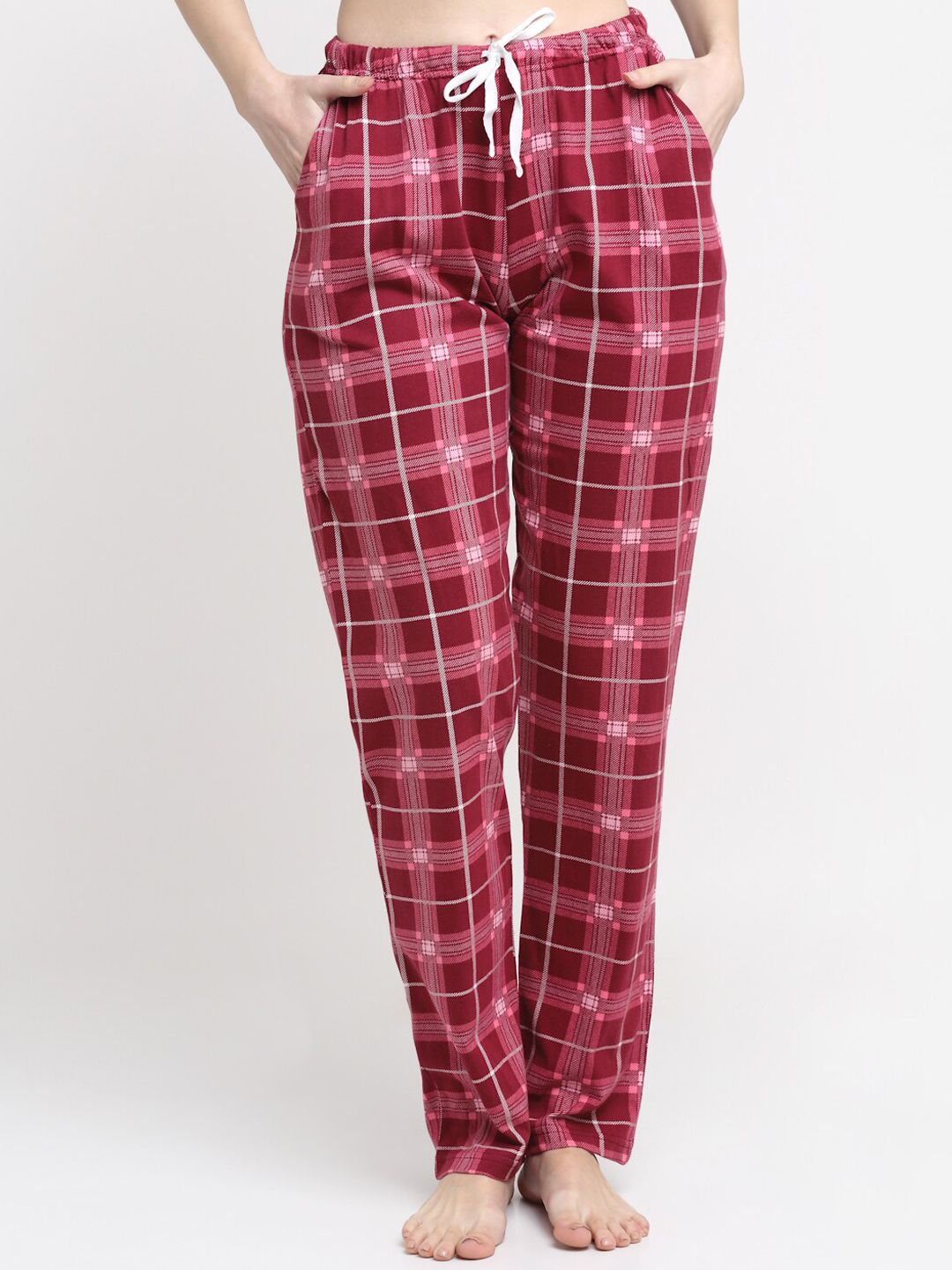 Kanvin Women Red Checked Pure Cotton Lounge Pants Price in India