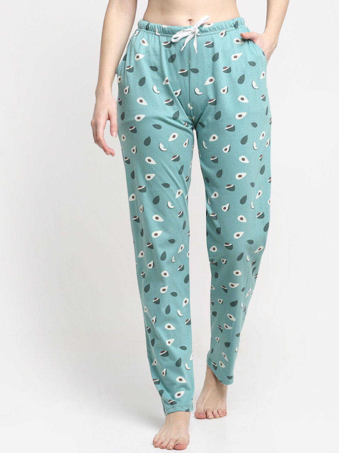 Kanvin Women Sea Green & White Printed Pure Cotton Lounge Pant Price in India