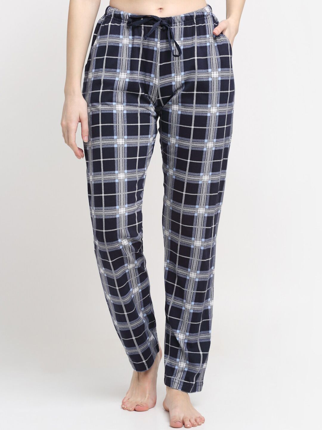 Kanvin Women Navy Blue & Grey Checked Pure Cotton Lounge Pants Price in India