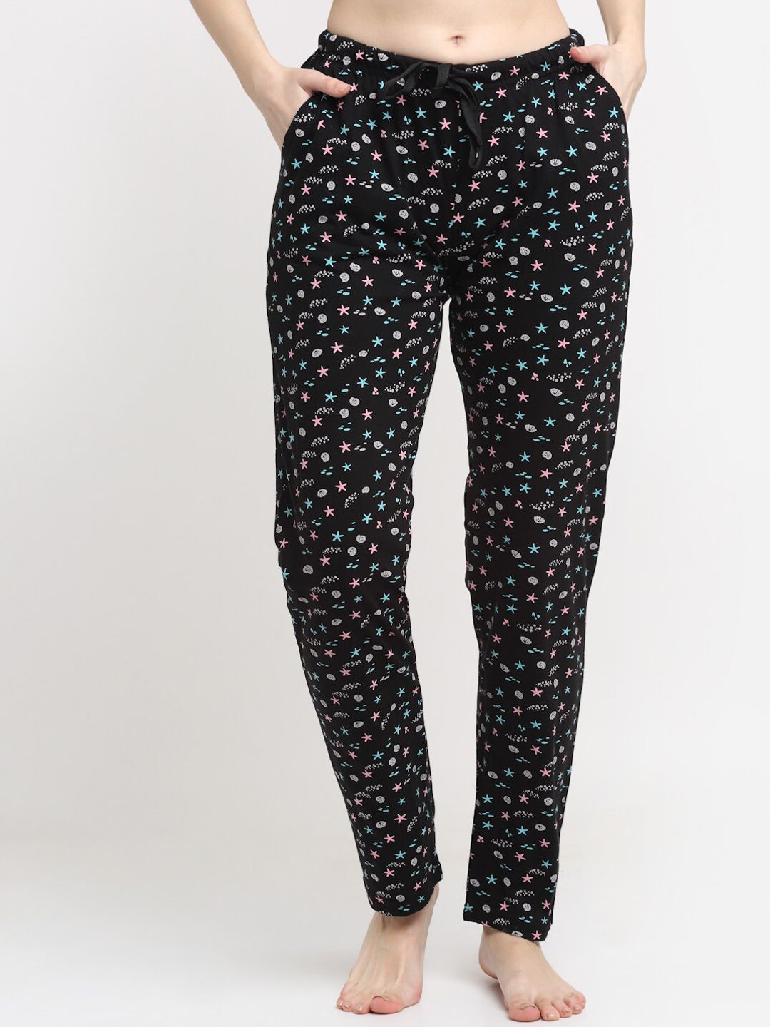 Kanvin Women Black Printed Pure Cotton Lounge Pants Price in India