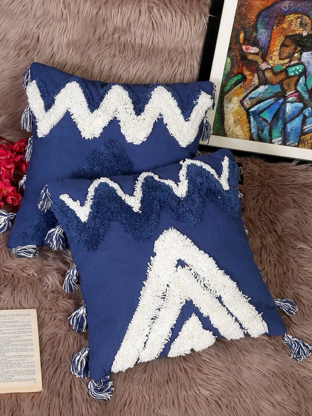 HOSTA HOMES Blue & White Set of 2 Hand-Tufted Square Cotton Cushion Covers Price in India