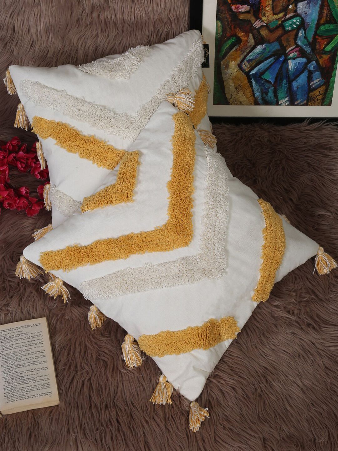HOSTA HOMES White & Yellow Set of 2 Embroidered Square Cushion Covers Price in India