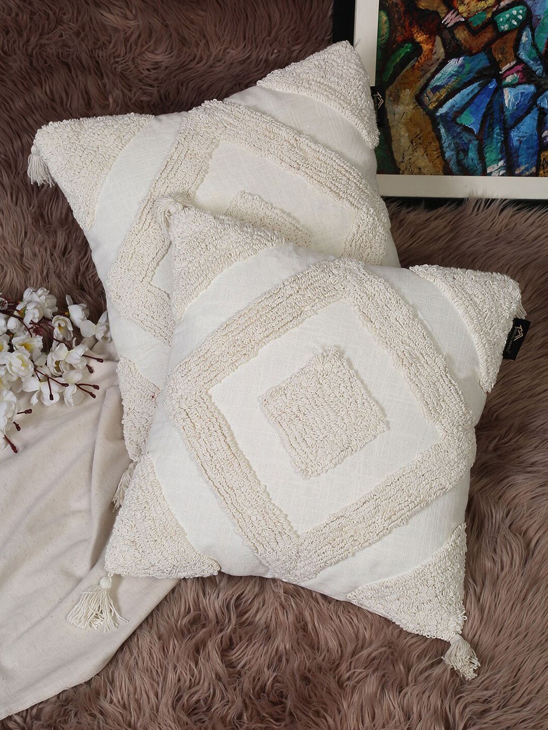 HOSTA HOMES Set of 2 White Square Cushion Covers Price in India