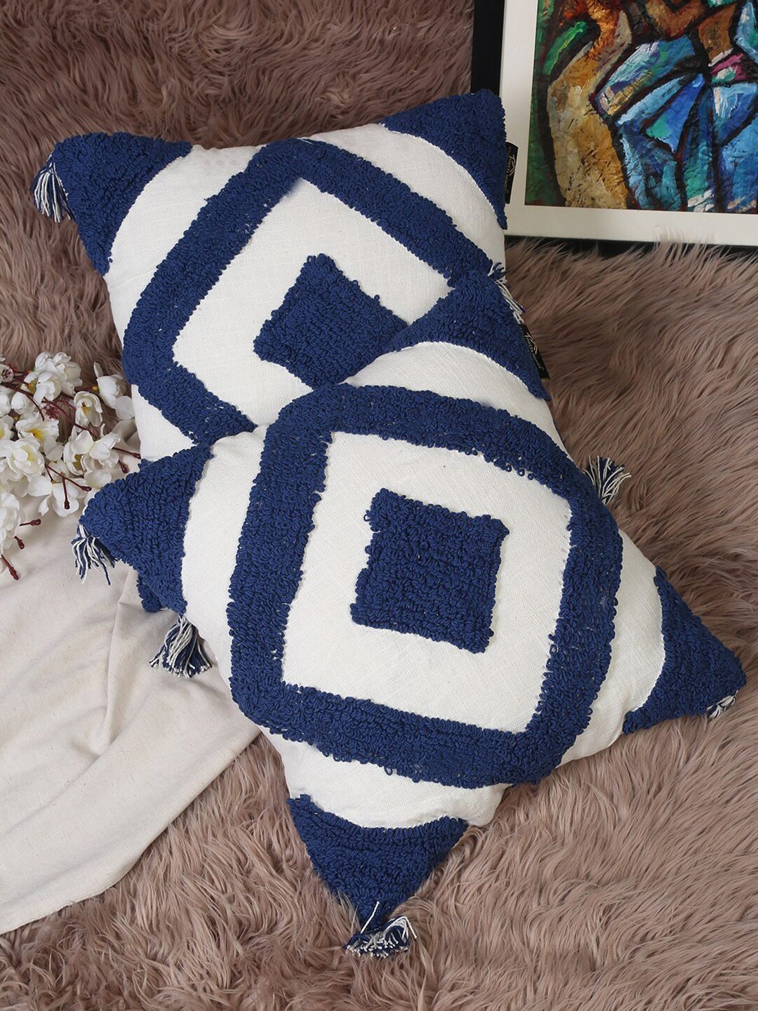 HOSTA HOMES Blue & White Set of 2 Hand-Tufted Square Cotton Cushion Covers Price in India