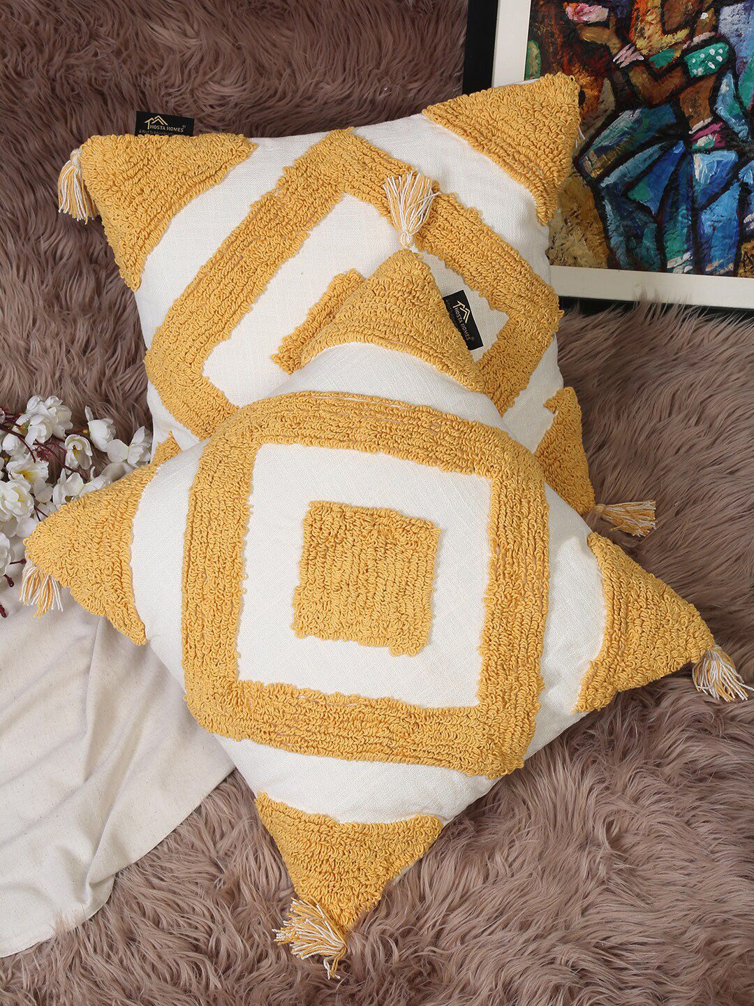 HOSTA HOMES Yellow & White Set of 2 Geometric Pure Cotton Square Cushion Covers Price in India