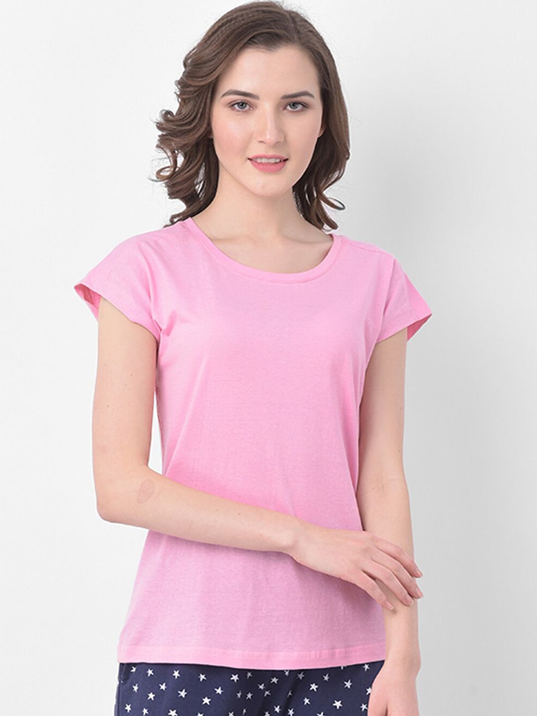Clovia Women Pink Solid Cotton Lounge T-Shirts Price in India