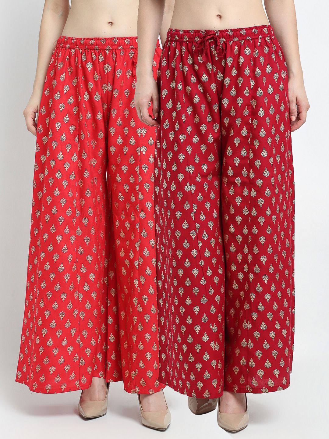 GRACIT Women Pack Of 2 Red & Maroon Printed Flared Palazzos Price in India