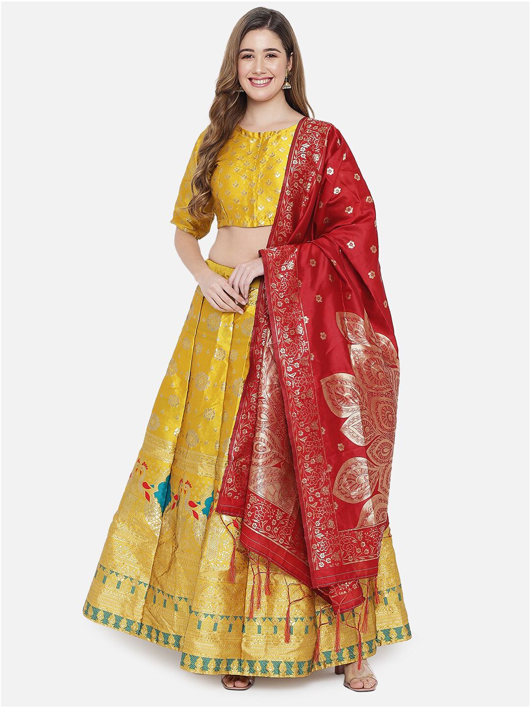 DIVASTRI Yellow & Red Printed Ready to Wear Lehenga & Unstitched Blouse With Dupatta Price in India