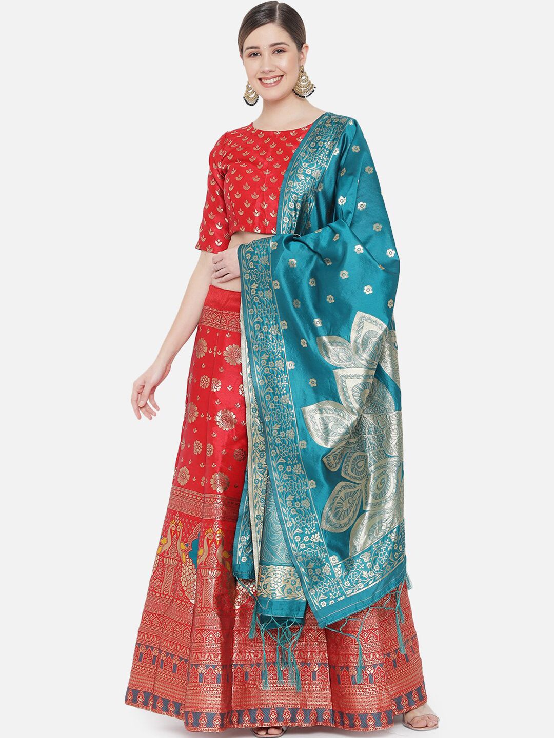 DIVASTRI Red & Blue Printed Ready to Wear Lehenga & Unstitched Blouse With Dupatta Price in India