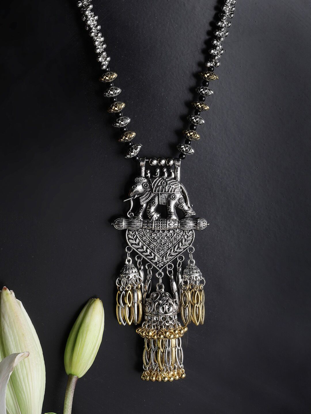 PANASH Silver-Toned & Black German Silver Oxidised Necklace Price in India