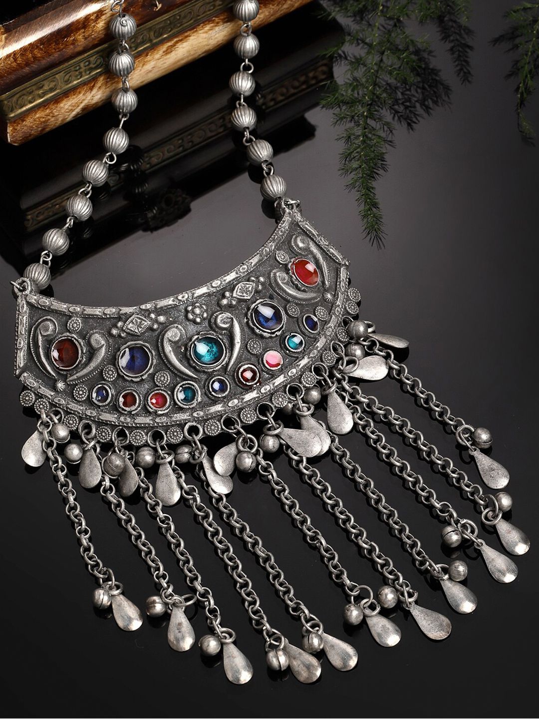 PANASH Silver-Toned & Red German Silver Oxidised Necklace Price in India