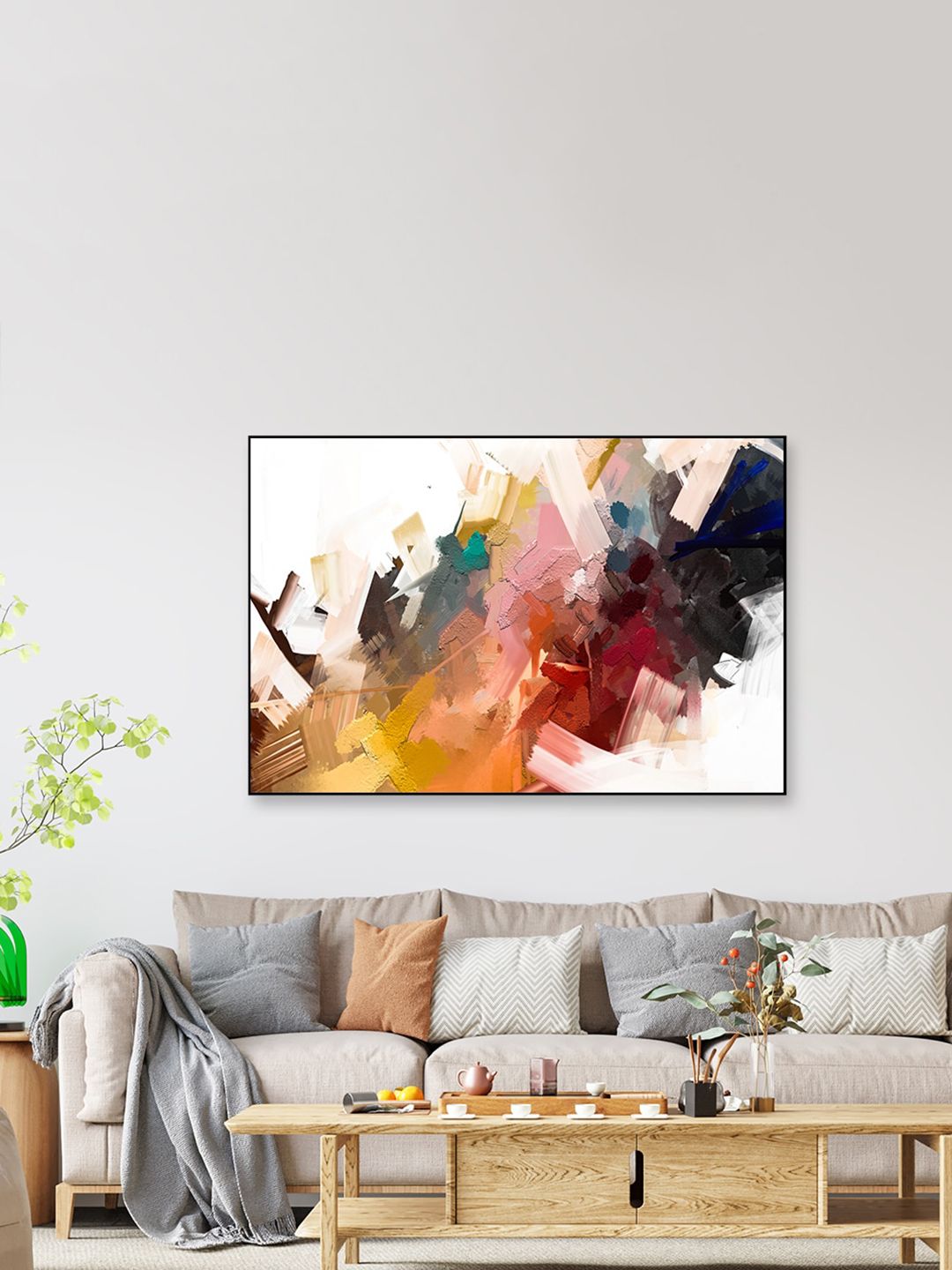 WALLMANTRA White & Orange Vibrant Abstract Framed Canvas Wall Painting Price in India