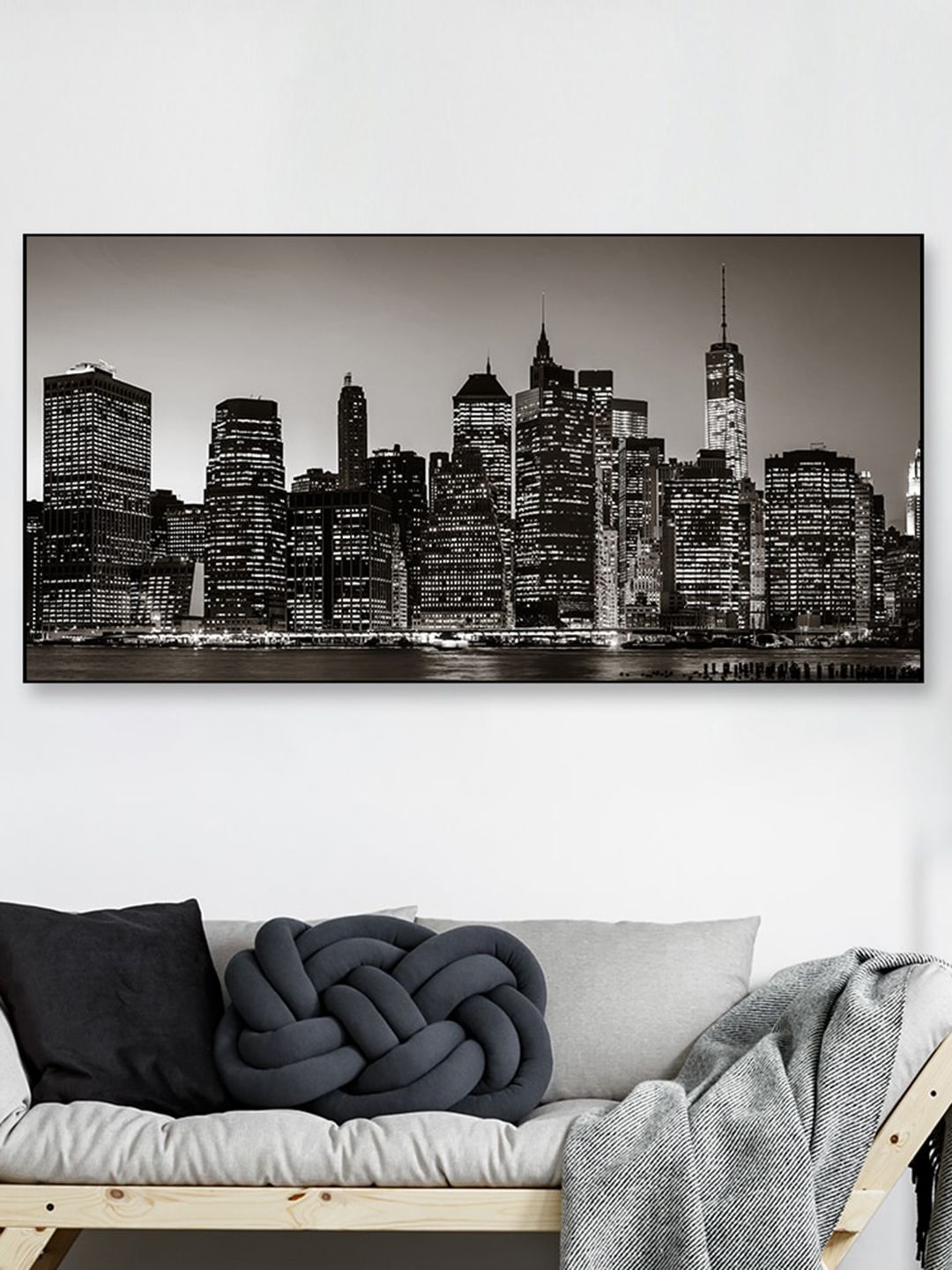 WALLMANTRA Black The Manhattan Night View Framed Canvas Wall Painting Price in India