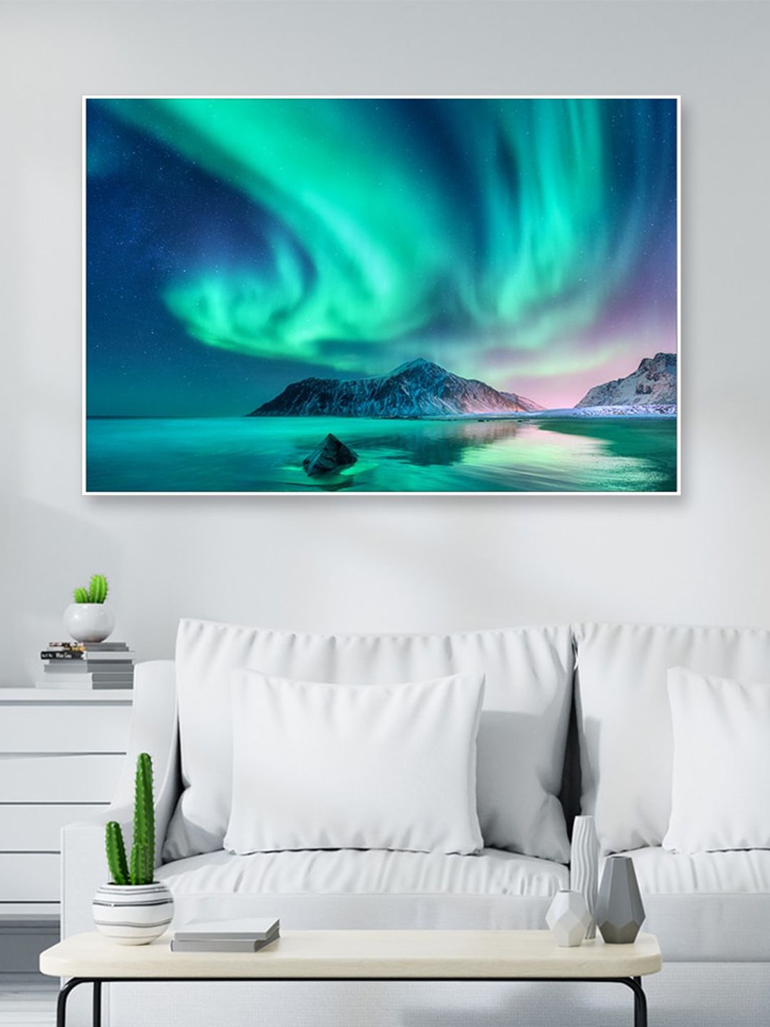 WALLMANTRA Blue & Sea Green Magnificent Northern Lights Framed Canvas Wall Painting Price in India