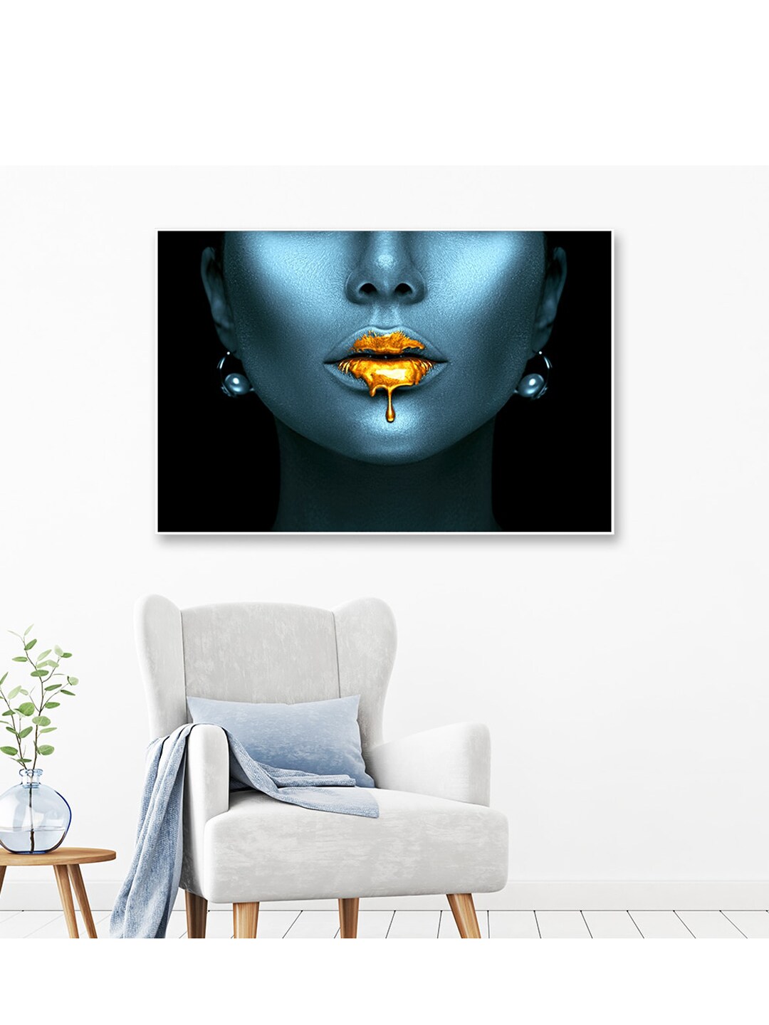 WALLMANTRA Blue The Euphoria Makeup Framed Canvas Wall Painting Price in India