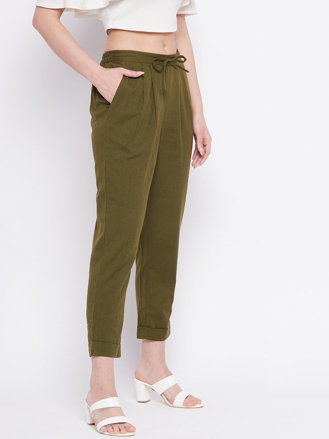 WineRed Women Olive Green Pleated Cotton Trousers Price in India