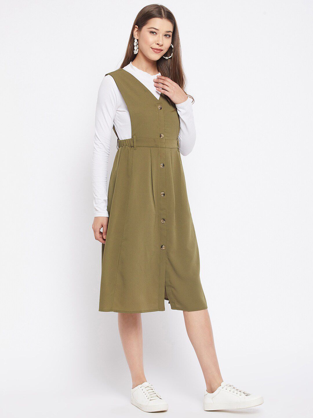 Buy WineRed Olive Green Solid Pinafore Dress - Dresses for Women