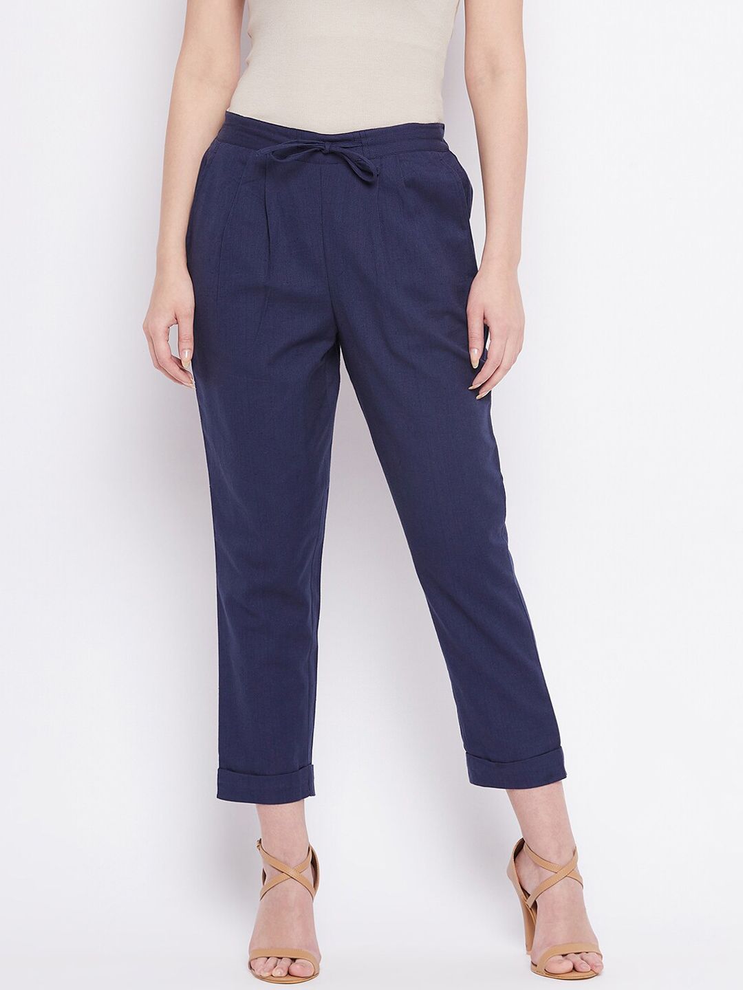 WineRed Women Navy Blue Solid Pleated Cotton Peg Trousers Price in India