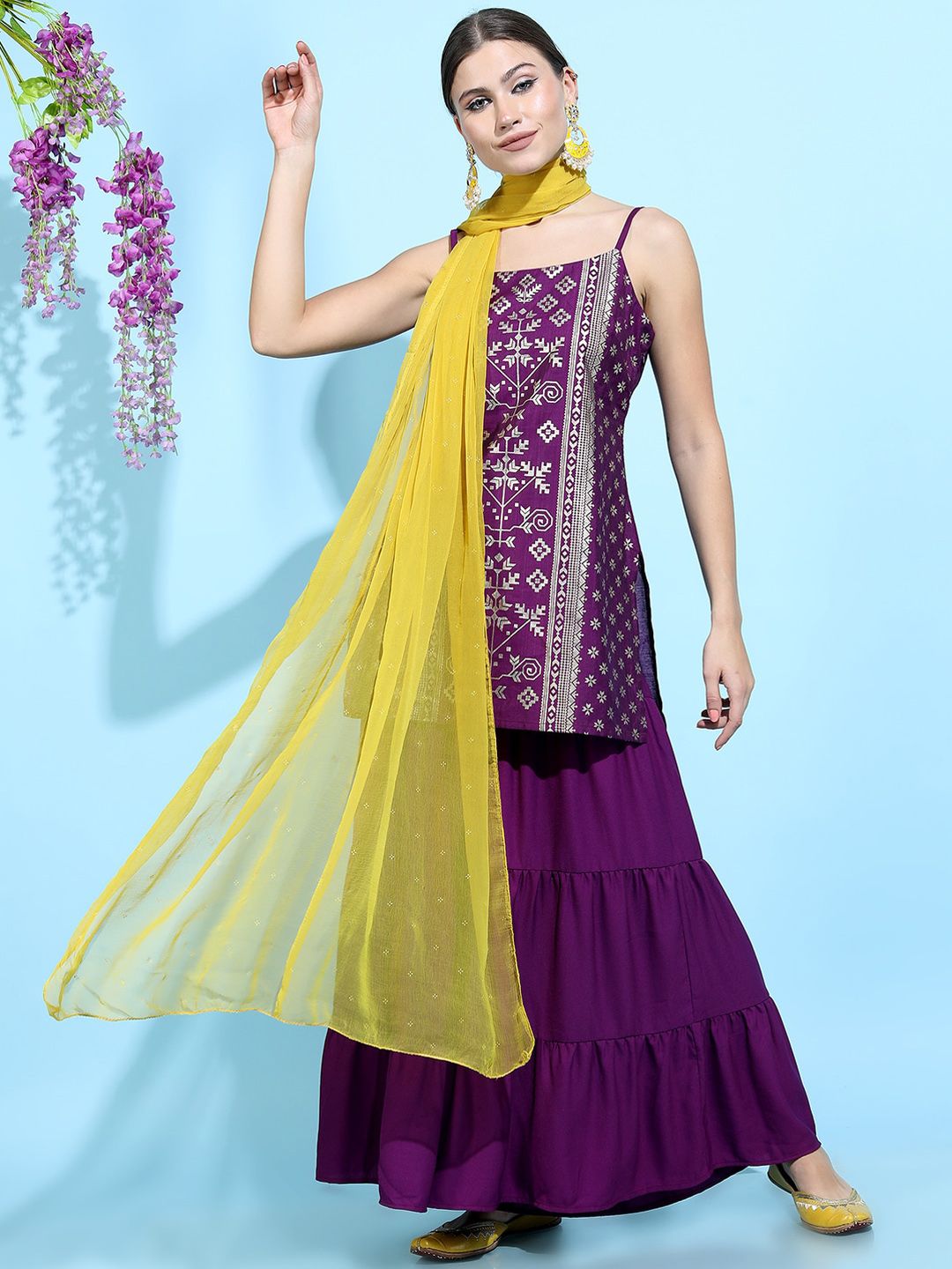 Vishudh Women Purple Printed Kurta with Sharara & With Dupatta Price in India