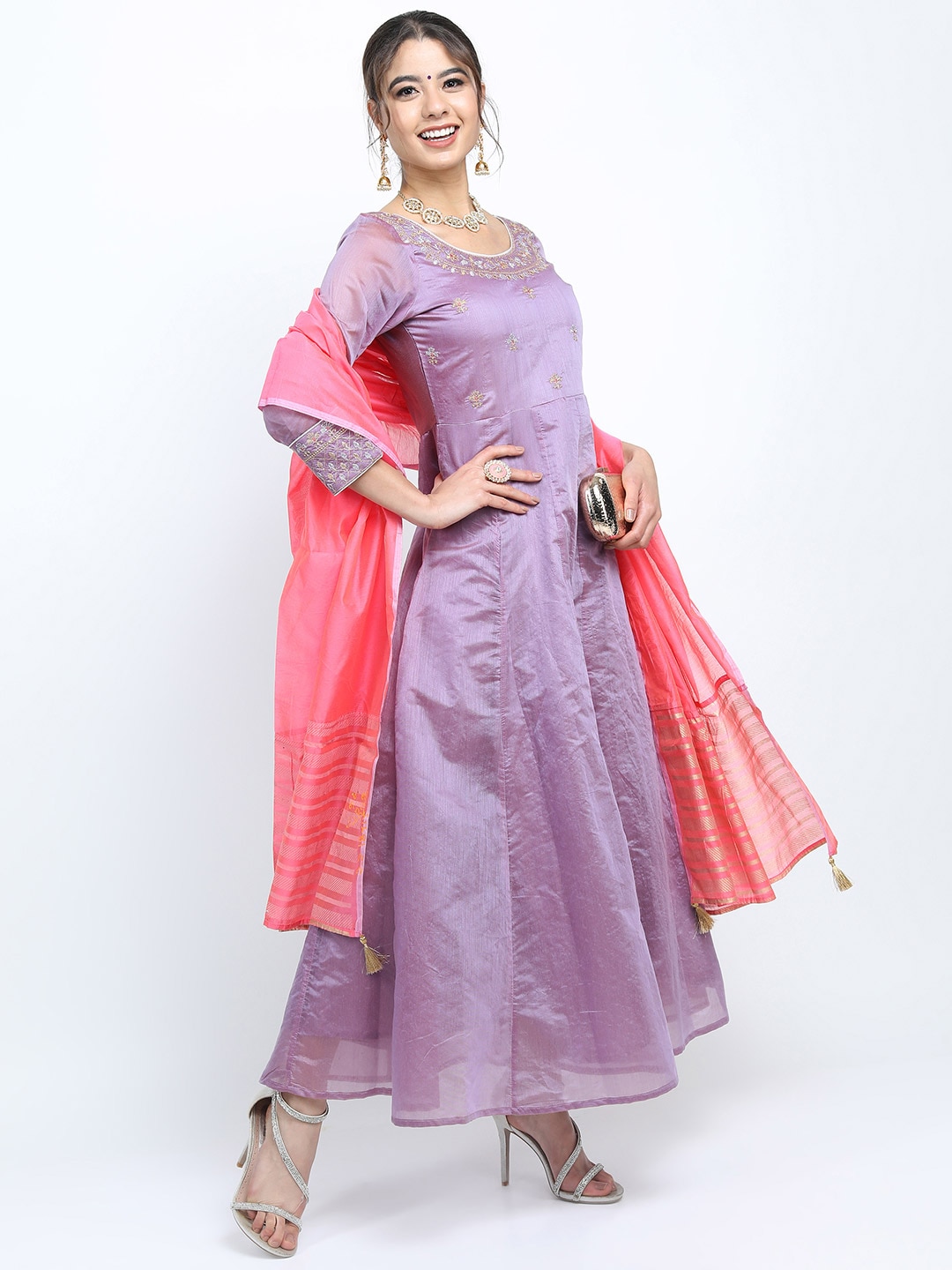 Vishudh Mauve & Gold-Toned Embroidered Ethnic Maxi Dress Price in India