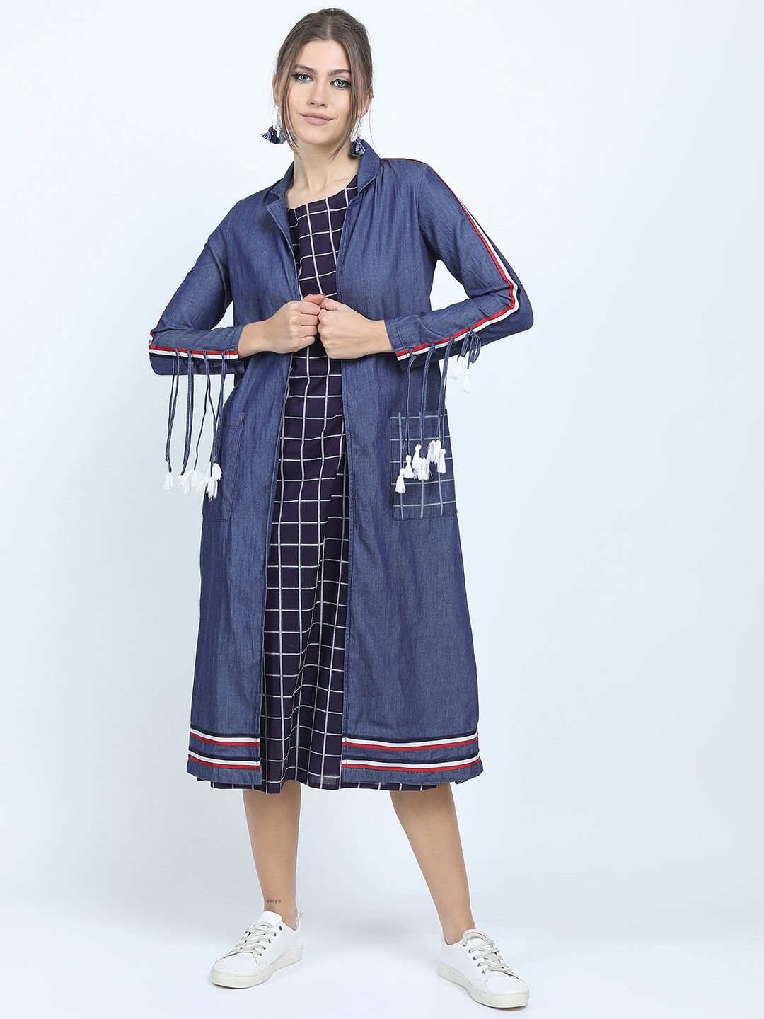 Vishudh Blue Checked Midi Dress with Jacket Price in India