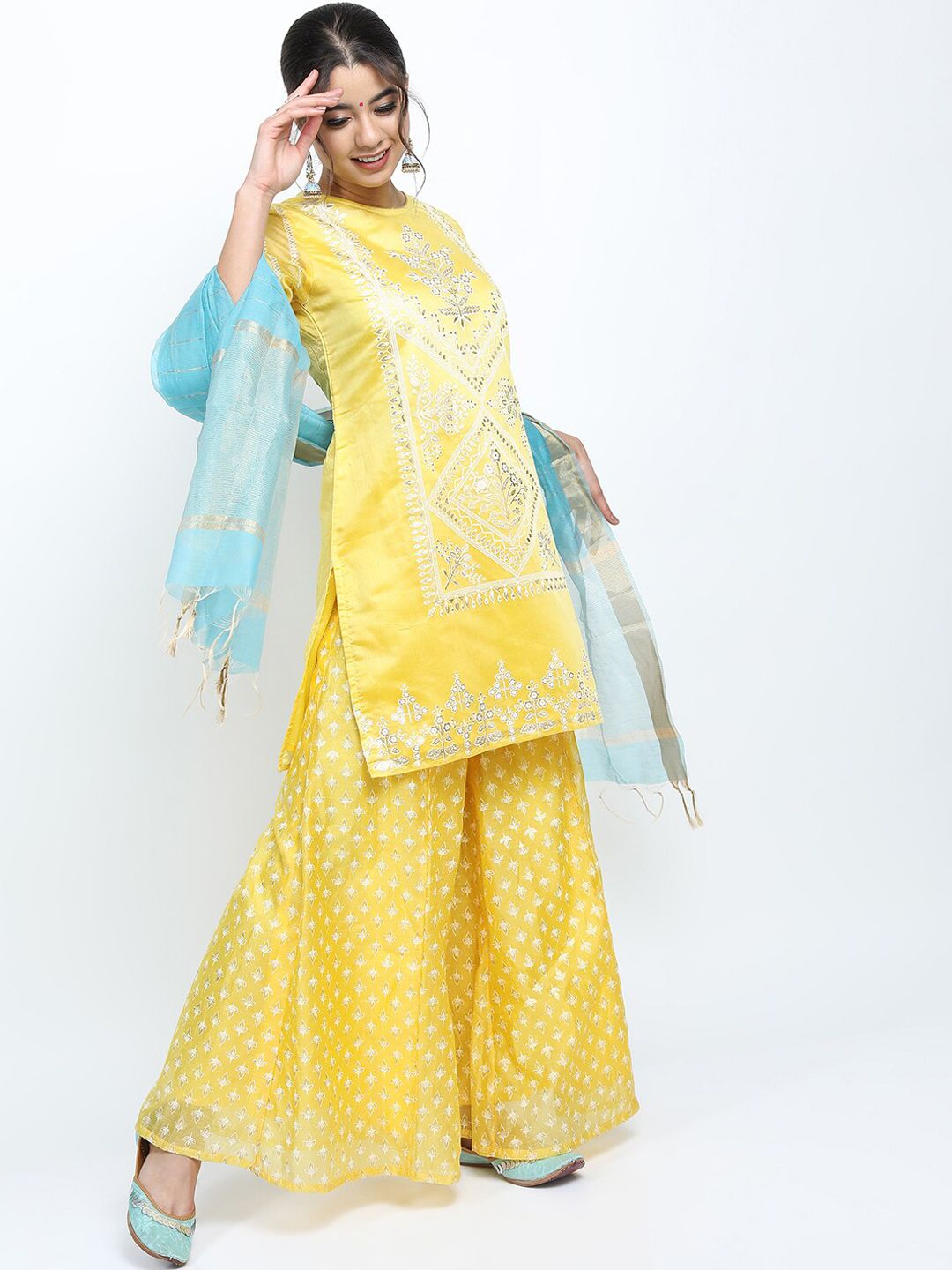 Vishudh Women Yellow Ethnic Motifs Printed Kurti with Palazzos & With Dupatta Price in India