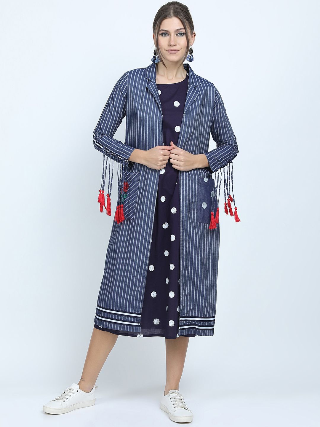 Vishudh Blue A-Line Midi Dress with Striped Jacket Price in India