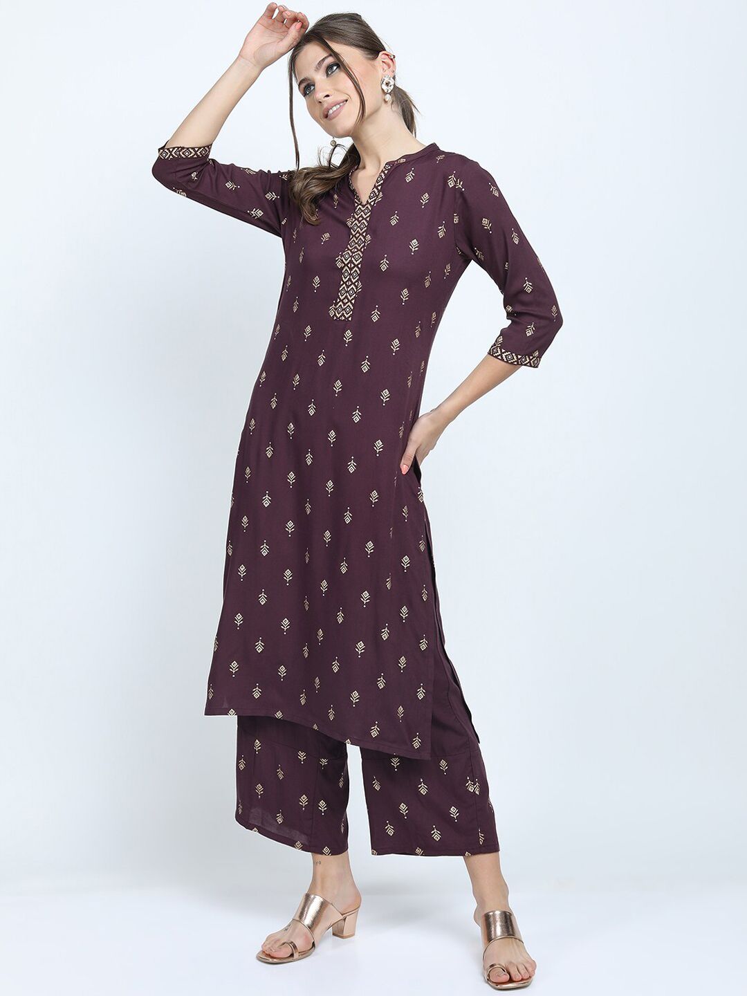 Vishudh Women Brown Printed Kurta with Palazzo Price in India