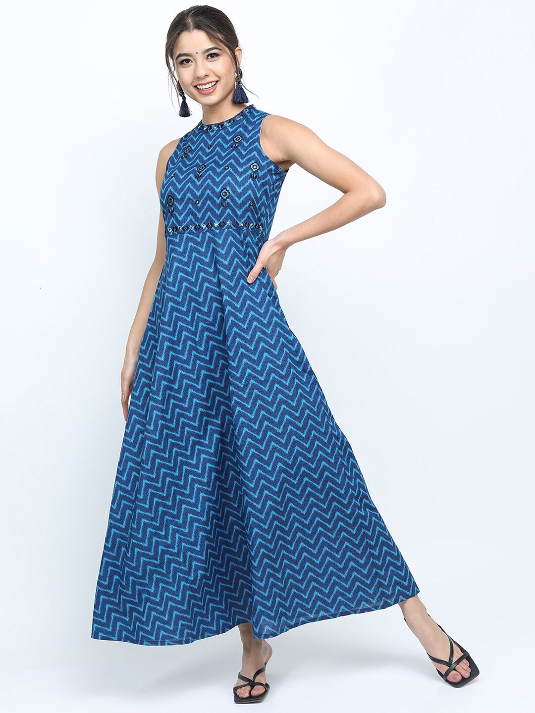Vishudh Women Blue Ethnic Printed Maxi Dress Price in India