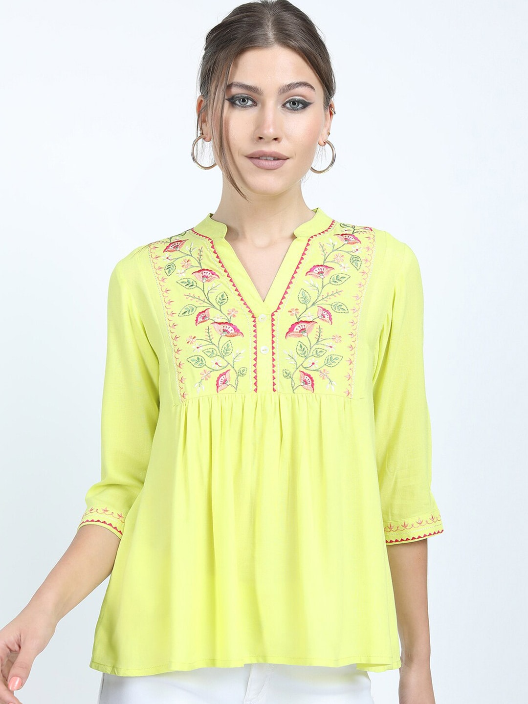 Vishudh Yellow Floral Embroidered Mandarin Collar Top Price in India